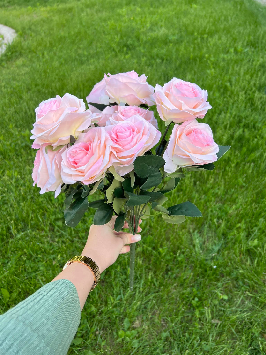 Изкуствена роза 10 глави розово